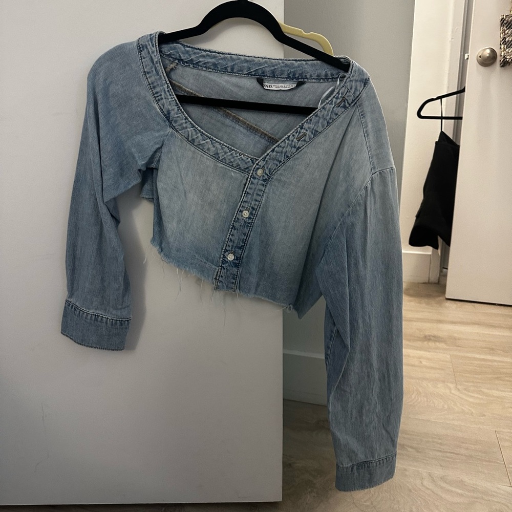 Zara Denim Distressed Off the Shoulder Long Sleeve - Size Small